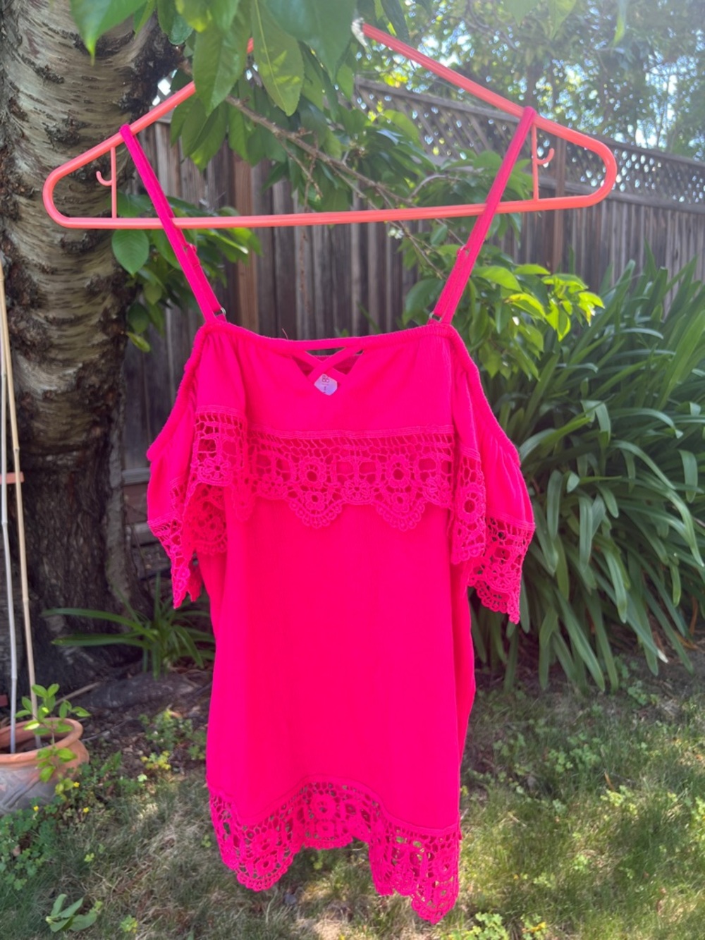 Bright Pink Lace-Trim Cold-Shoulder Women's Top